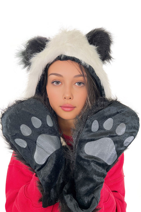 Faux Fur Ears Hood Hat - Panda
