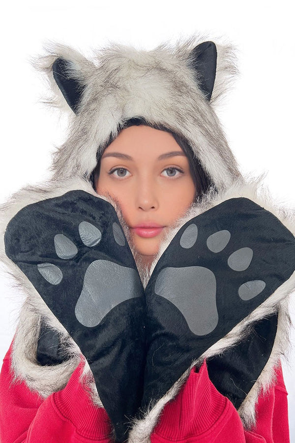 Faux Fur Ears Hood Hat - Grey Fox