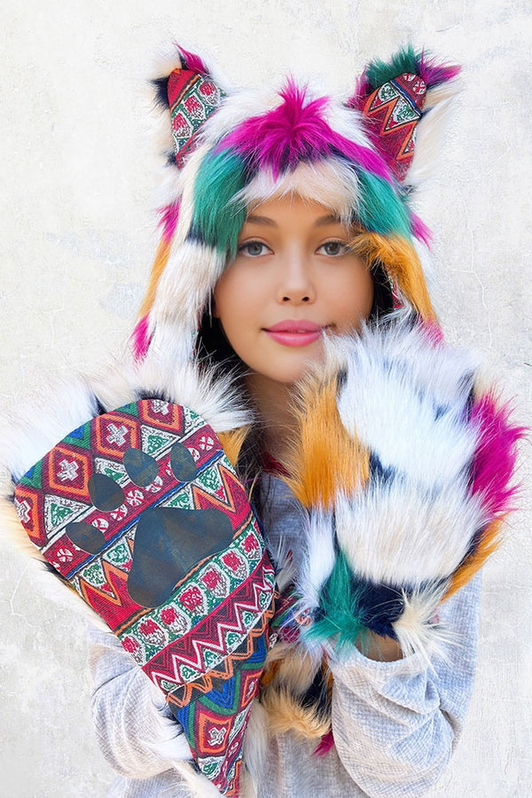 Faux Fur Ears Hood Hat - Rainbow Fox