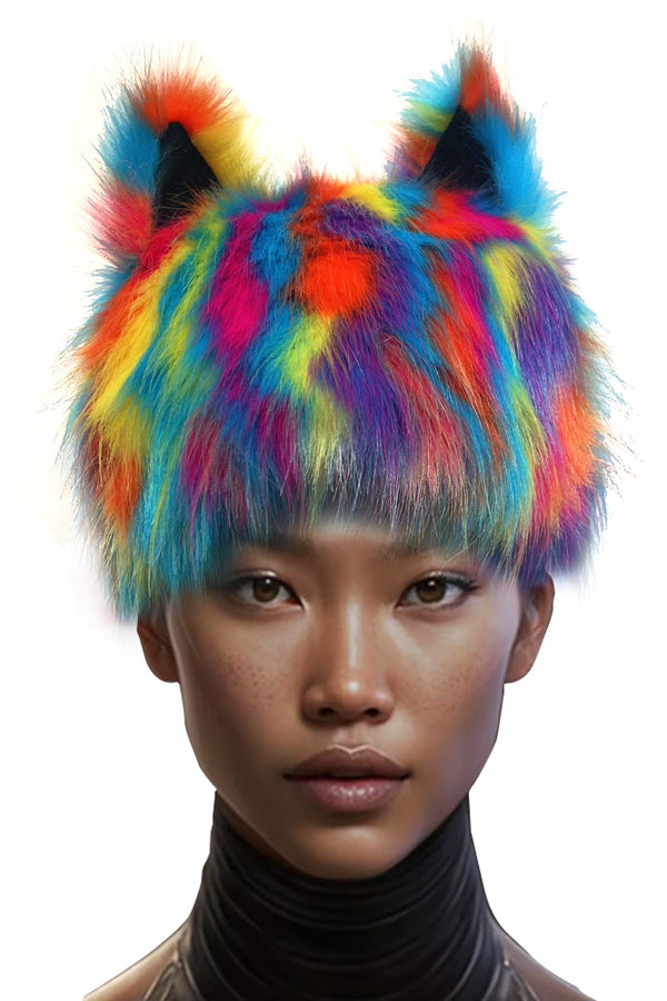 Rainbow Fuzzy Fur Hat with Ear