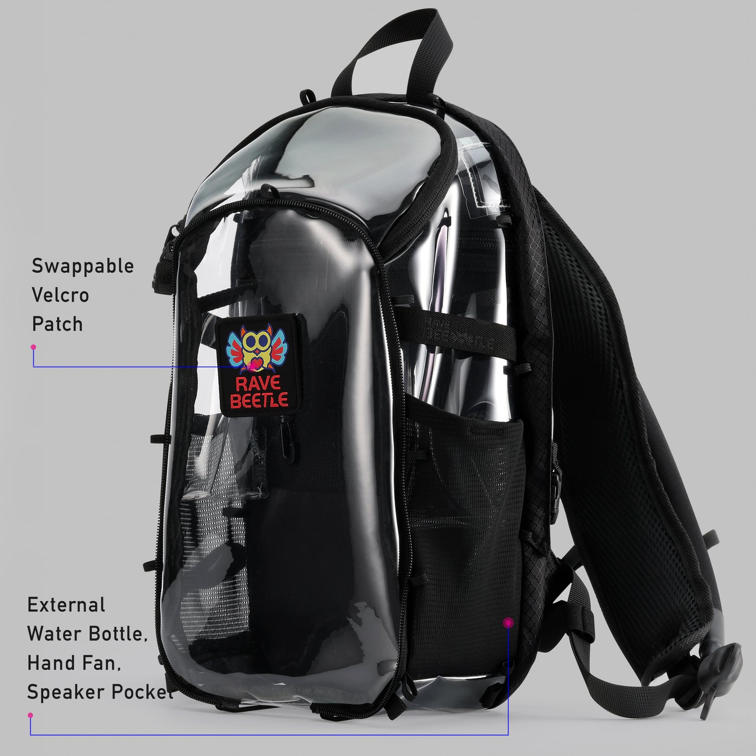 RaveBeetle Elytra Hydration Pack 2.0 – Festival Backpack with Water Bladder (Clear)