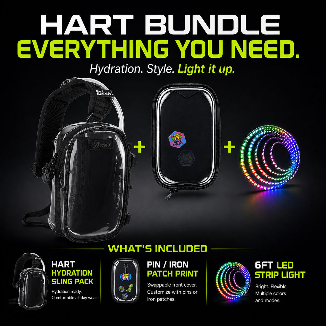 HART Hydration Sling Pack Pin Display Bundle + 6FT LED Strip Light (Clear)