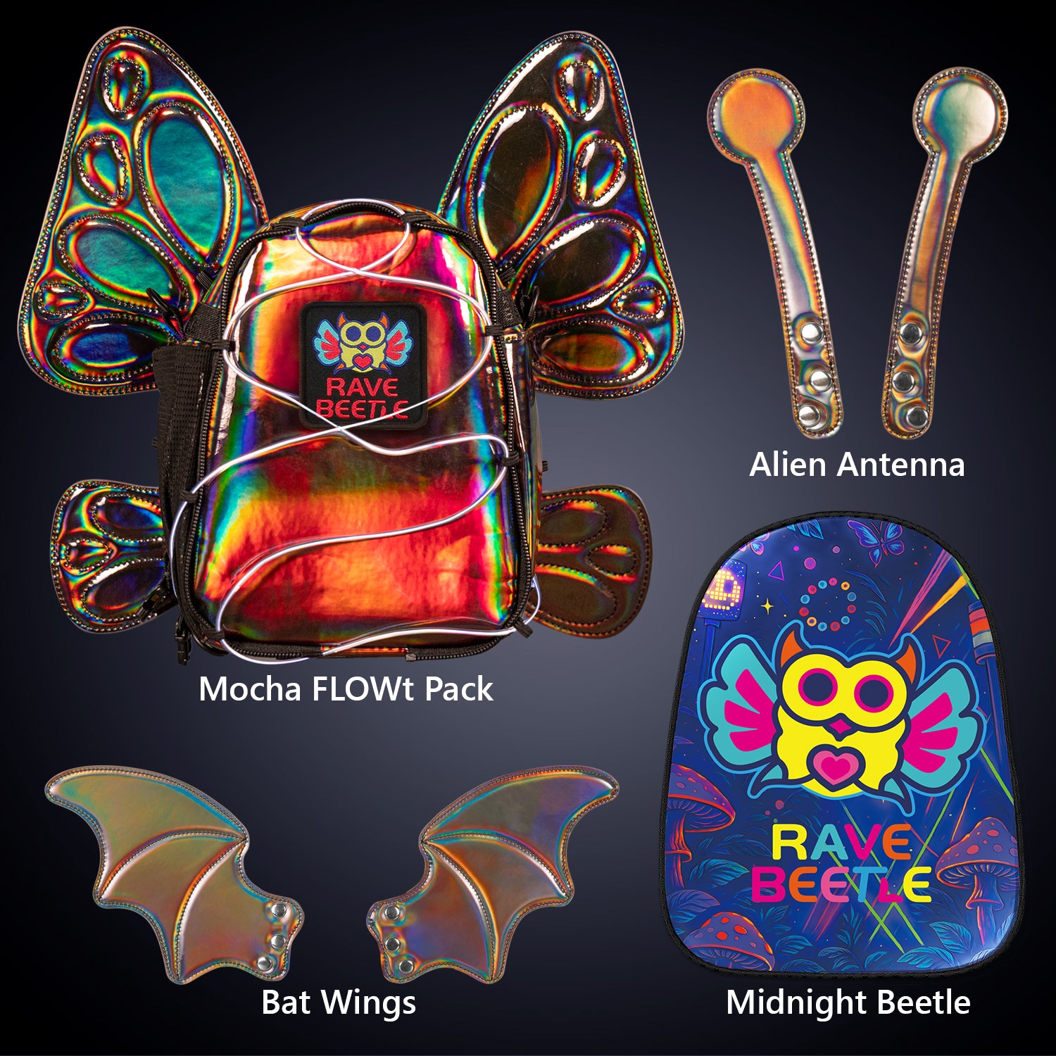 RaveBeetle FLOWt Festival Pack with Swappable Bat Wing Alien Antenna midnight Nocturnal bundle Mocha