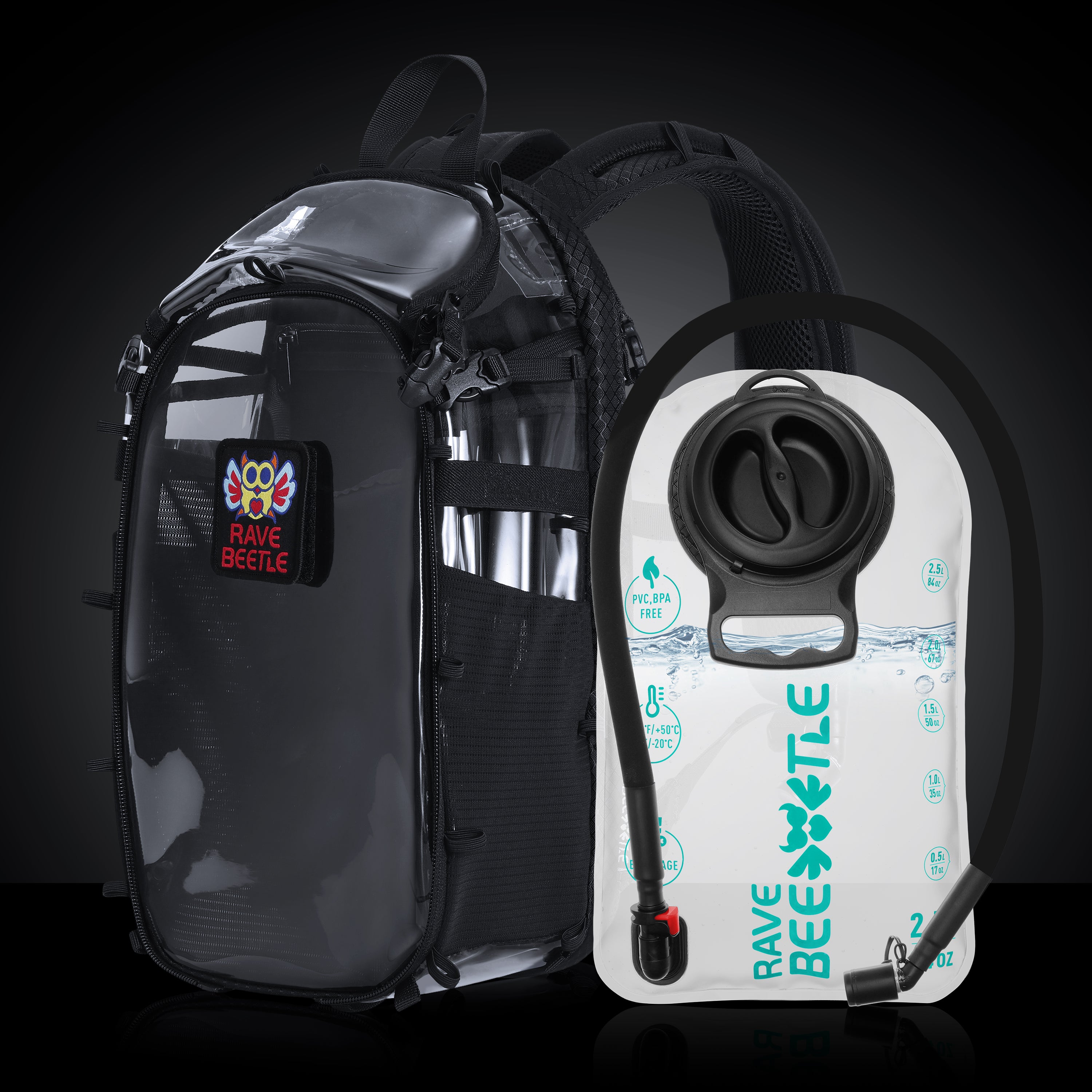 RaveBeetle Elytra LED Hydration Pack 3.0 – Festival Backpack with Water Bladder (Clear)