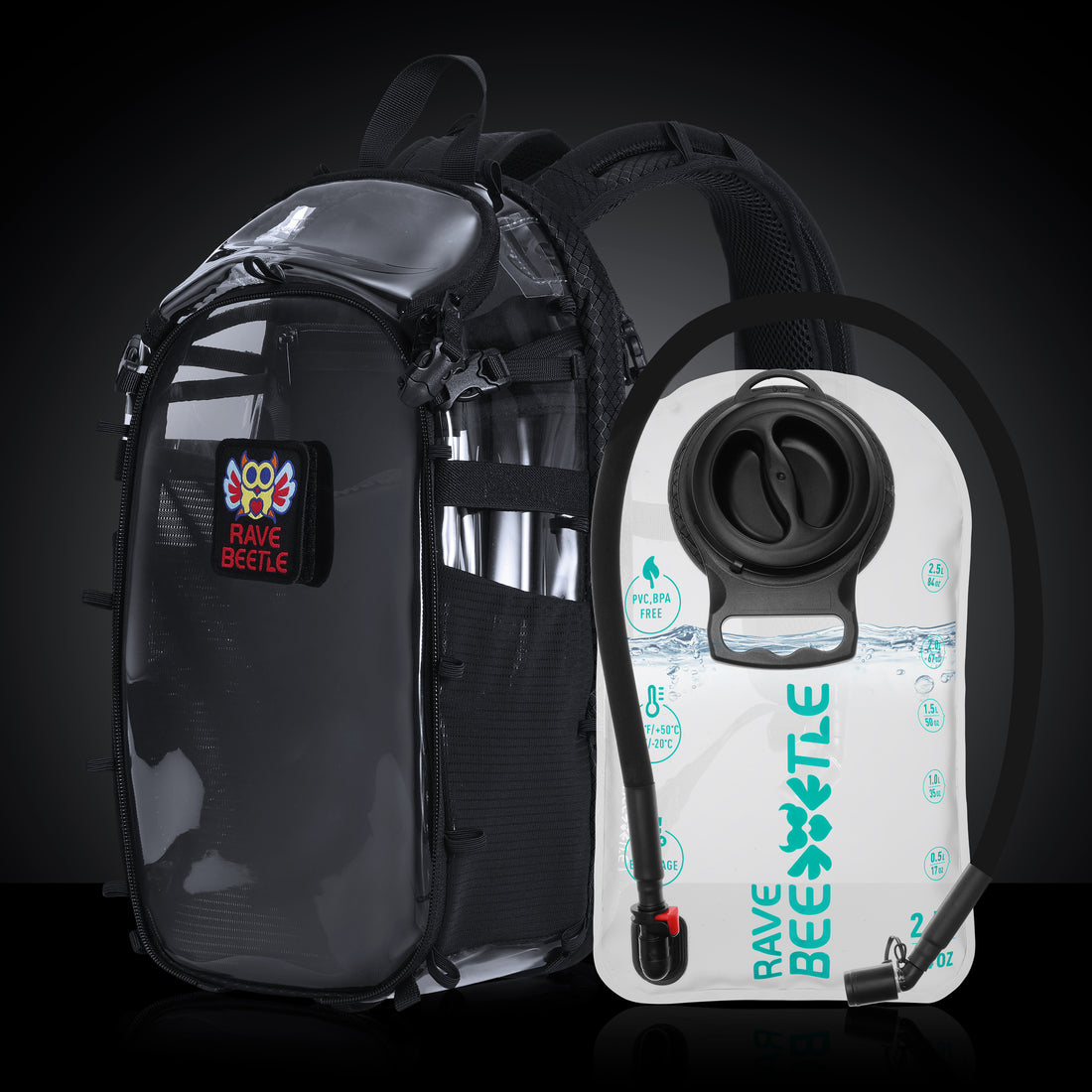RaveBeetle Elytra Hydration Pack 3.0 – Festival Backpack with Water Bladder (Clear)