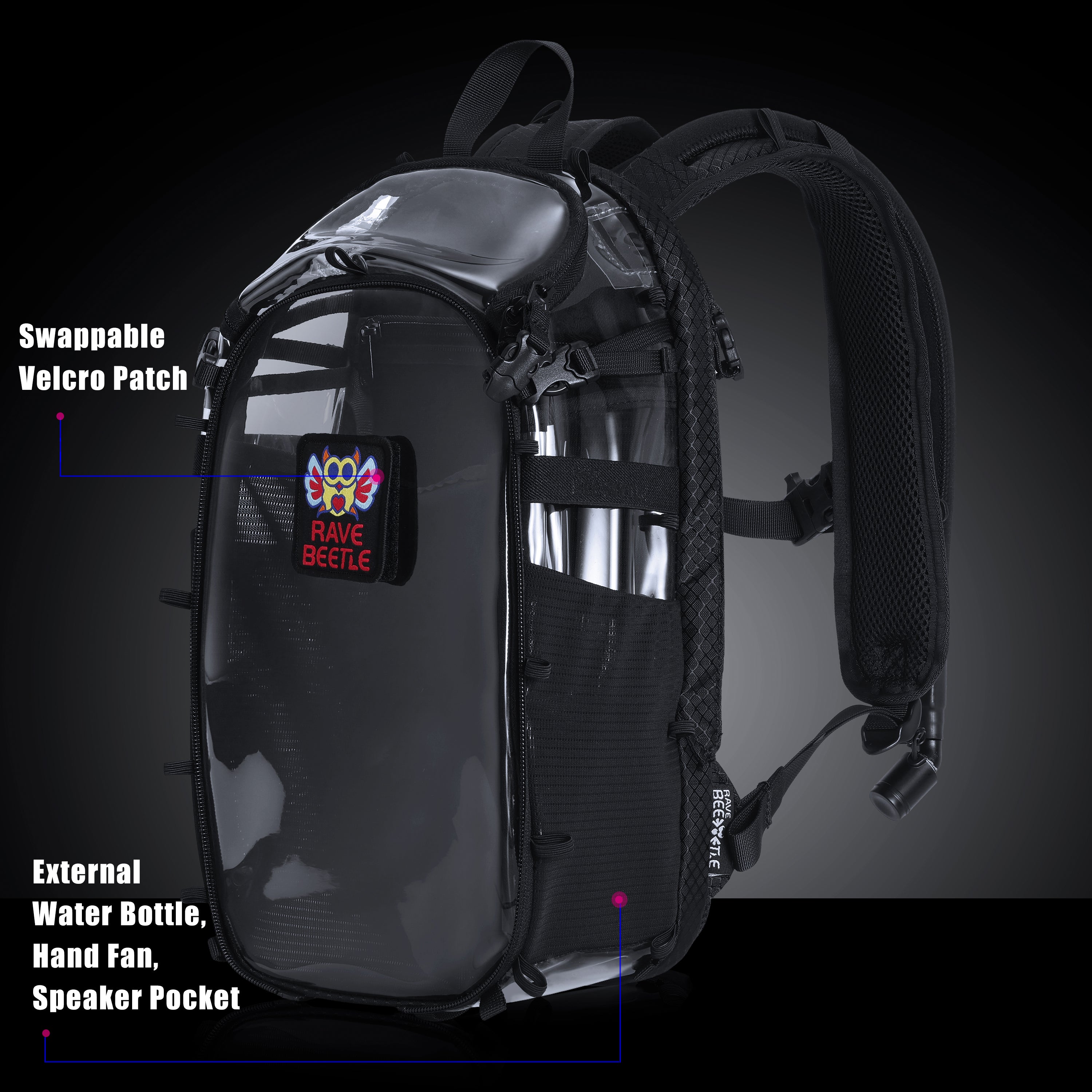 RaveBeetle Elytra Hydration Pack 3.0 – Festival Backpack with Water Bladder (Clear)
