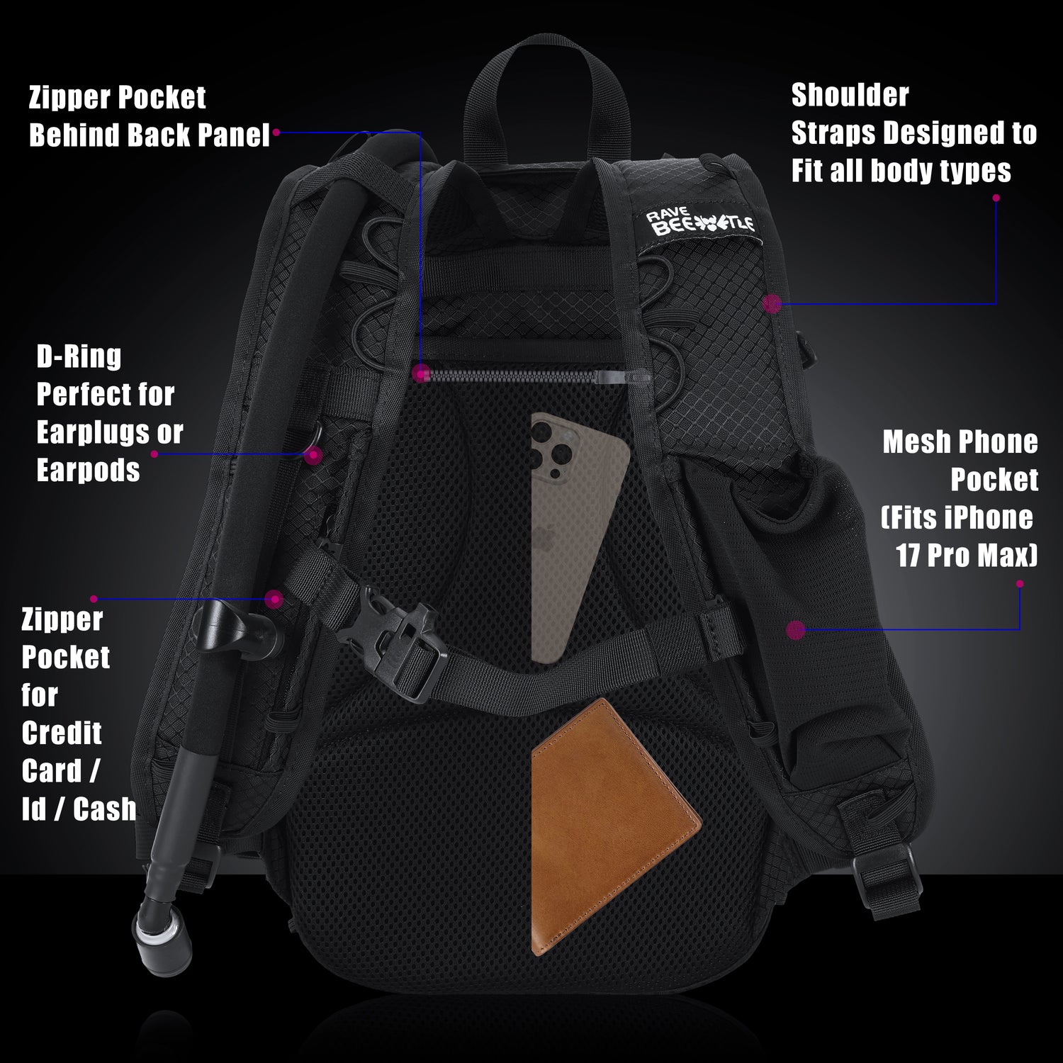 RaveBeetle Elytra LED Hydration Pack 3.0 – Festival Backpack with Water Bladder (Clear)