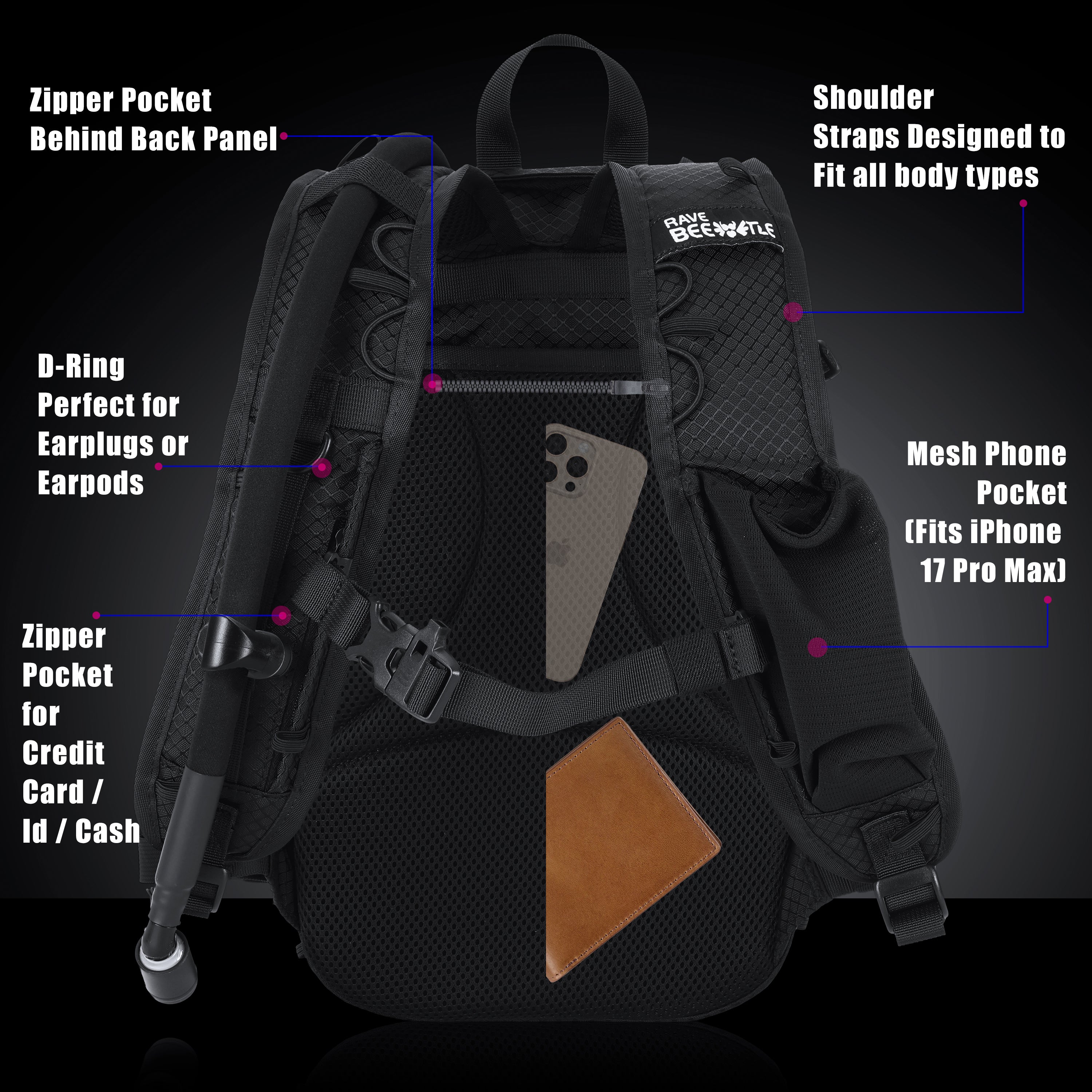 RaveBeetle Elytra LED Hydration Pack 3.0 – Festival Backpack with Water Bladder (Clear)