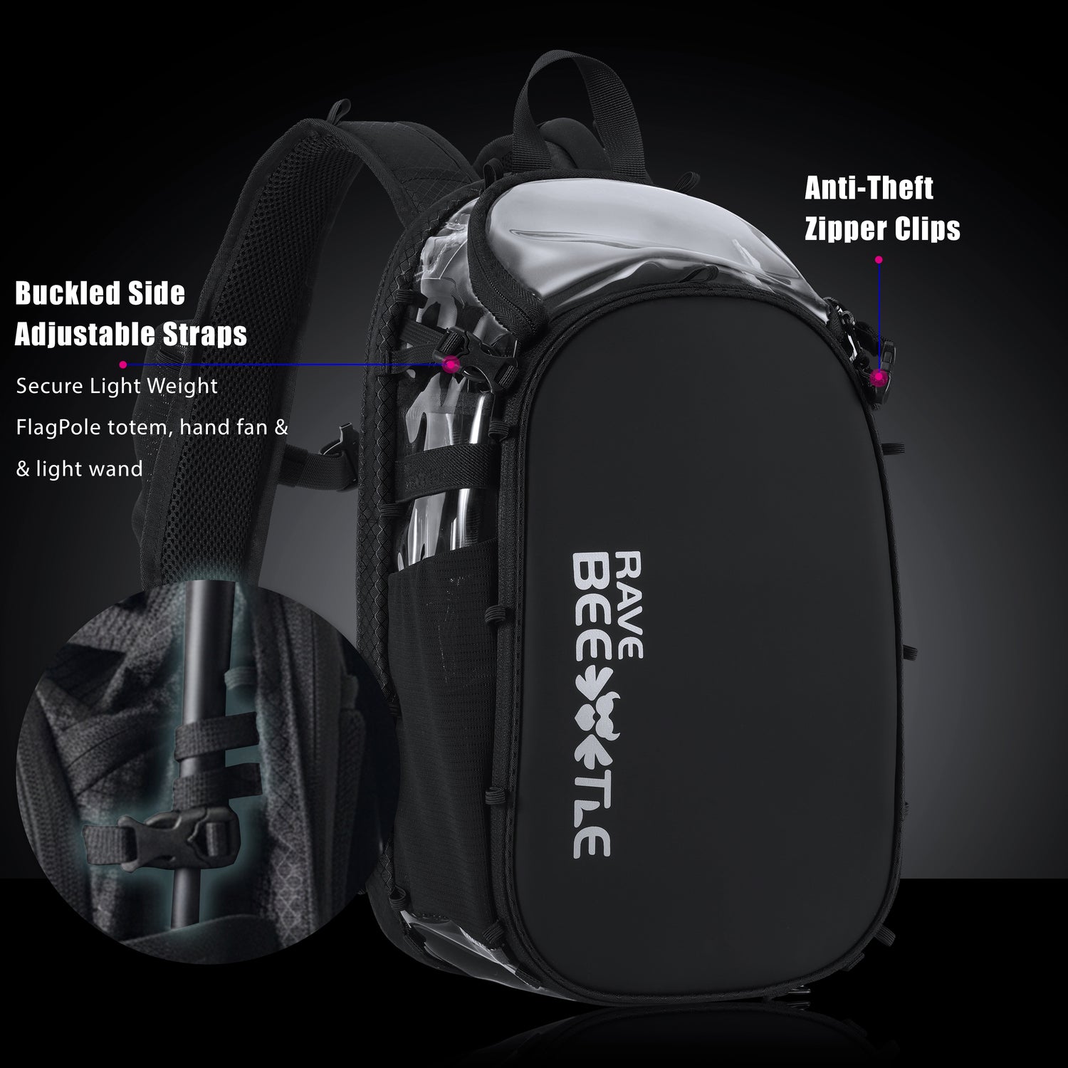 RaveBeetle Elytra Hydration Pack 3.0 – Festival Backpack with Water Bladder (Clear)