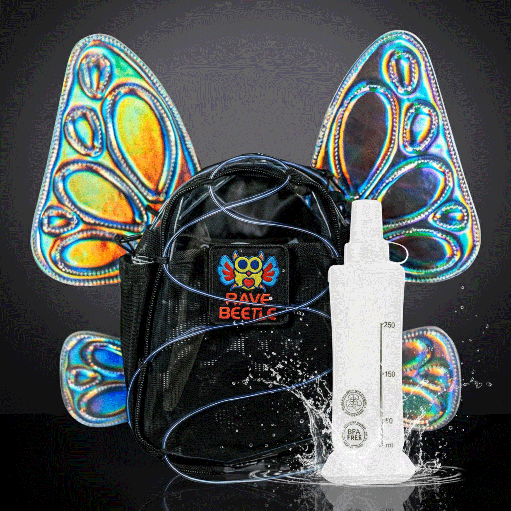 RaveBeetle FLOWt Pin Display Festival Pack – Swappable Wing Rave Backpack with 8oz Soft Water Bottle &amp; Light Accessory(Clear)