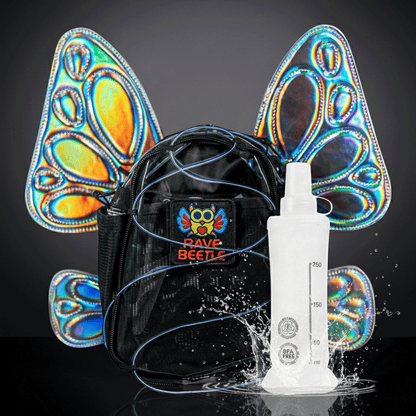 RaveBeetle FLOWt Pin Display Festival Pack – Swappable Wing Rave Backpack with 8oz Soft Water Bottle &amp; Light Accessory(Clear)