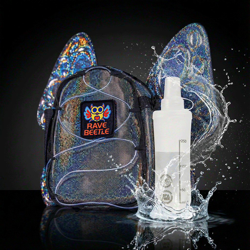 RaveBeetle FLOWt Pin Display Festival Pack – Swappable Wing Rave Backpack with 8oz Soft Water Bottle &amp; Light Accessory (Disco)