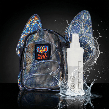 RaveBeetle FLOWt Pin Display Festival Pack – Swappable Wing Rave Backpack with 8oz Soft Water Bottle &amp; Light Accessory (Disco)