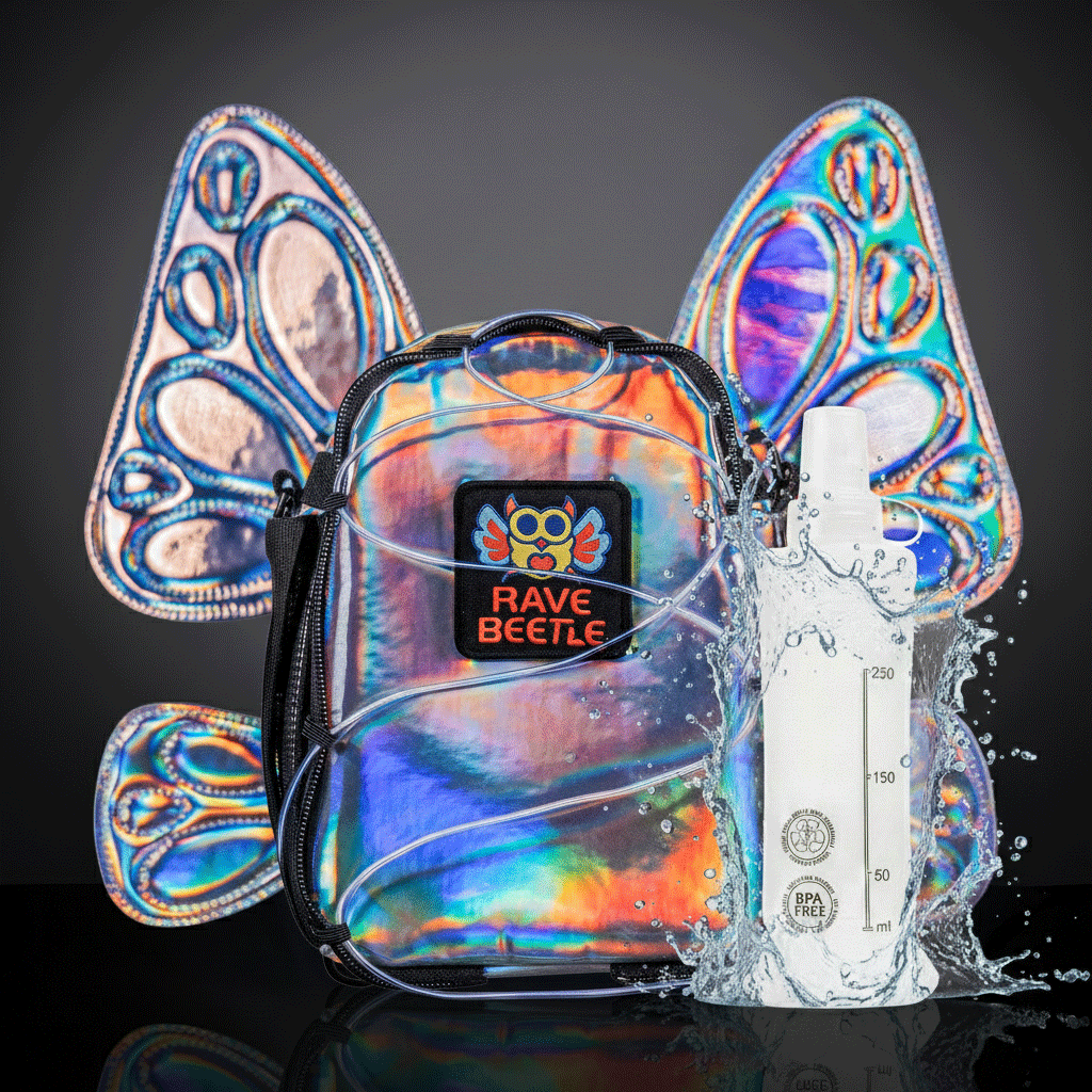 RaveBeetle FLOWt Pin Display Festival Pack – Swappable Wing Rave Backpack with 8oz Soft Water Bottle &amp; Light Accessory (Silver)