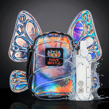 RaveBeetle FLOWt Pin Display Festival Pack – Swappable Wing Rave Backpack with 8oz Soft Water Bottle &amp; Light Accessory (Silver)