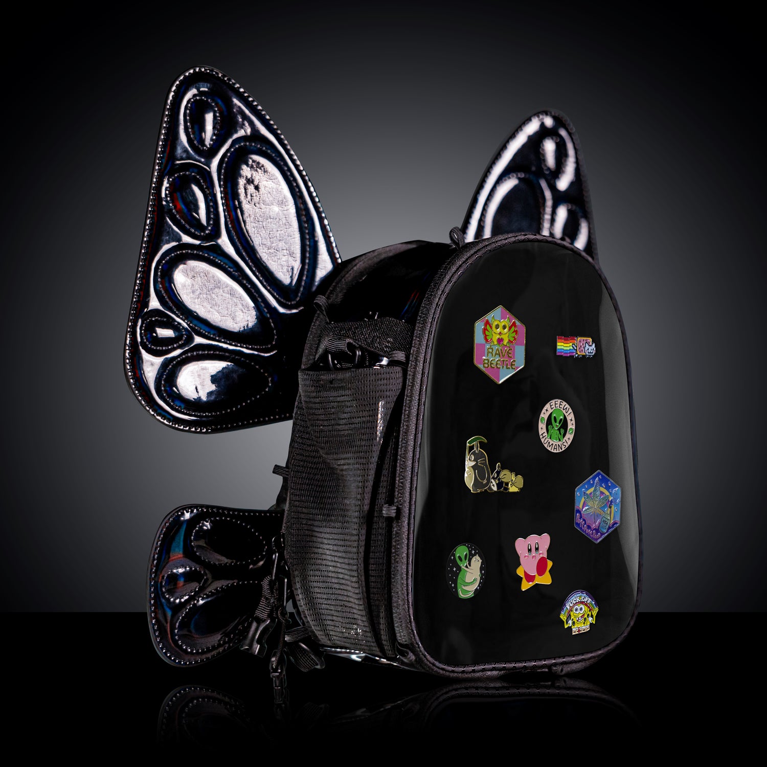 black holographic mini backpack RaveBeetle FLOWt LED Festival Hydration Pack – Swappable Wing Rave Backpack with 8oz Soft Water Bottle & Light Accessory (Black)
