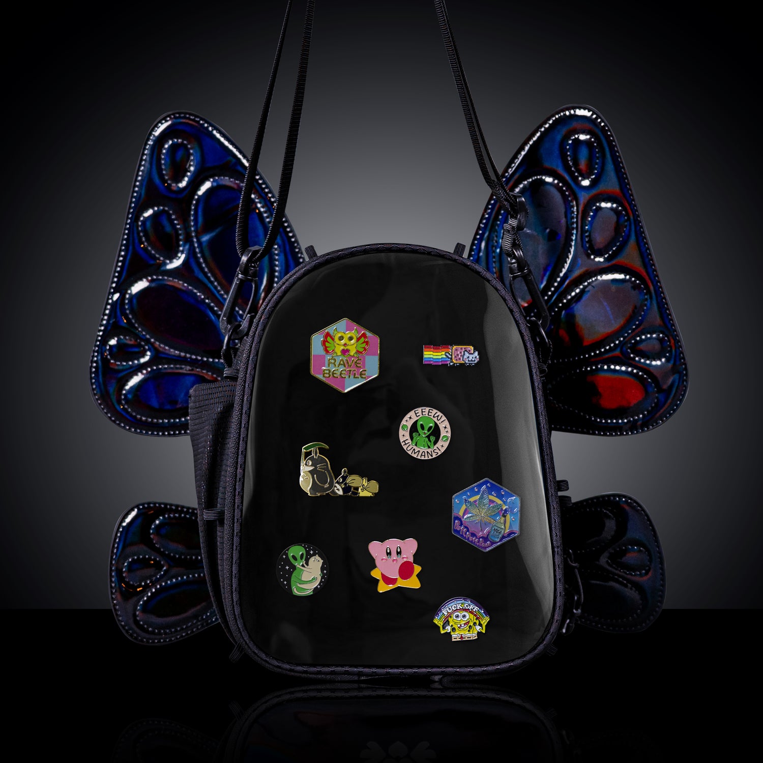 RaveBeetle FLOWt Pin Display Festival Pack – Swappable Wing Rave Backpack with Light Accessory (Black)