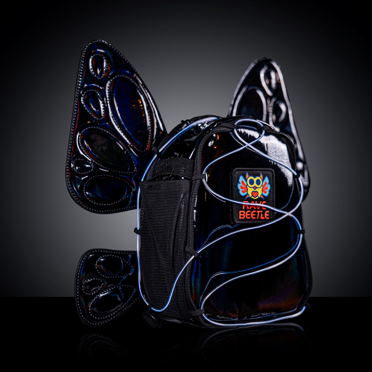 RaveBeetle FLOWt Pin Display Festival Pack – Swappable Wing Rave Backpack with Light Accessory (Black)