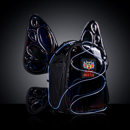 RaveBeetle FLOWt Pin Display Festival Pack – Swappable Wing Rave Backpack with Light Accessory (Black)