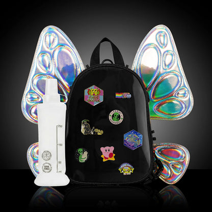 RaveBeetle FLOWt Pin Display Hydration Festival Pack – Swappable Wing Rave Backpack with 8oz Soft Water Bottle & Light Accessory (Clear)