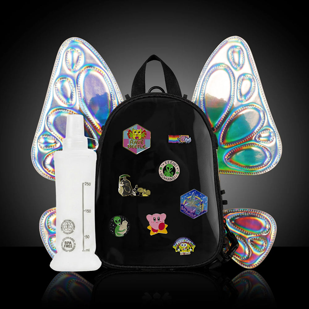 RaveBeetle FLOWt Pin Display Hydration Festival Pack – Swappable Wing Rave Backpack with 8oz Soft Water Bottle &amp; Light Accessory(Clear)