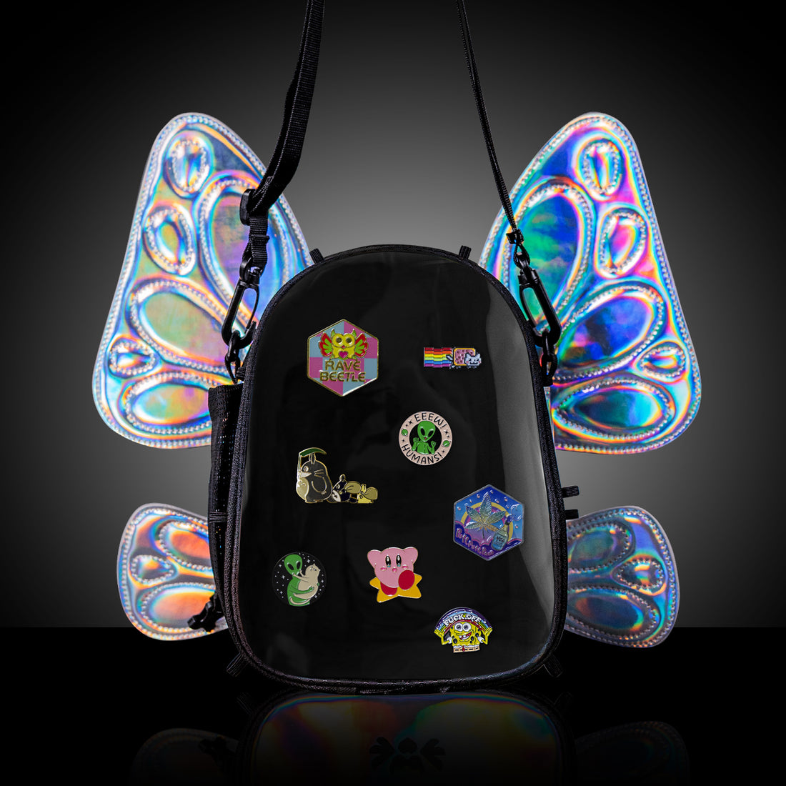 RaveBeetle FLOWt Pin Display Festival Pack – Swappable Wing Rave Backpack with Light Accessory (Silver)