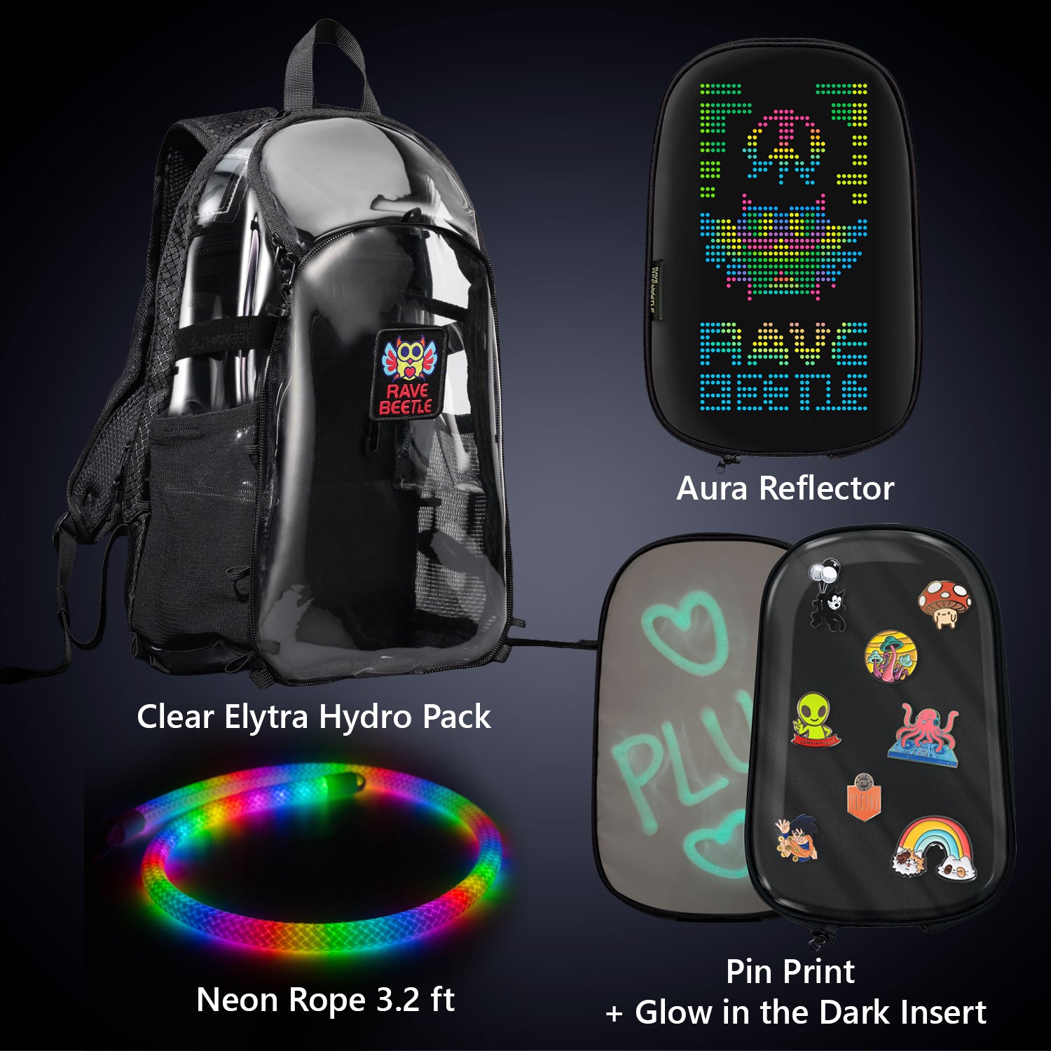 Elytra Aura Bundle – LED Screen, Pin Print, Glow in the Dark Insert &amp; Neon Rope 3.2ft Set