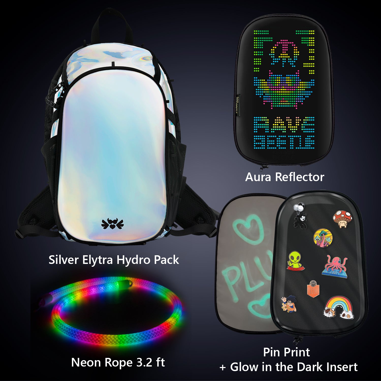 Elytra Aura Bundle – LED Screen, Pin Print, Glow in the Dark Insert &amp; Neon Rope 3.2ft Set