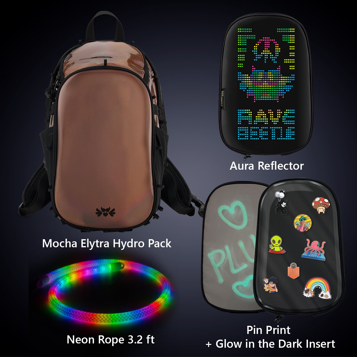 Elytra Aura Bundle – LED Screen, Pin Print, Glow in the Dark Insert &amp; Neon Rope 3.2ft Set