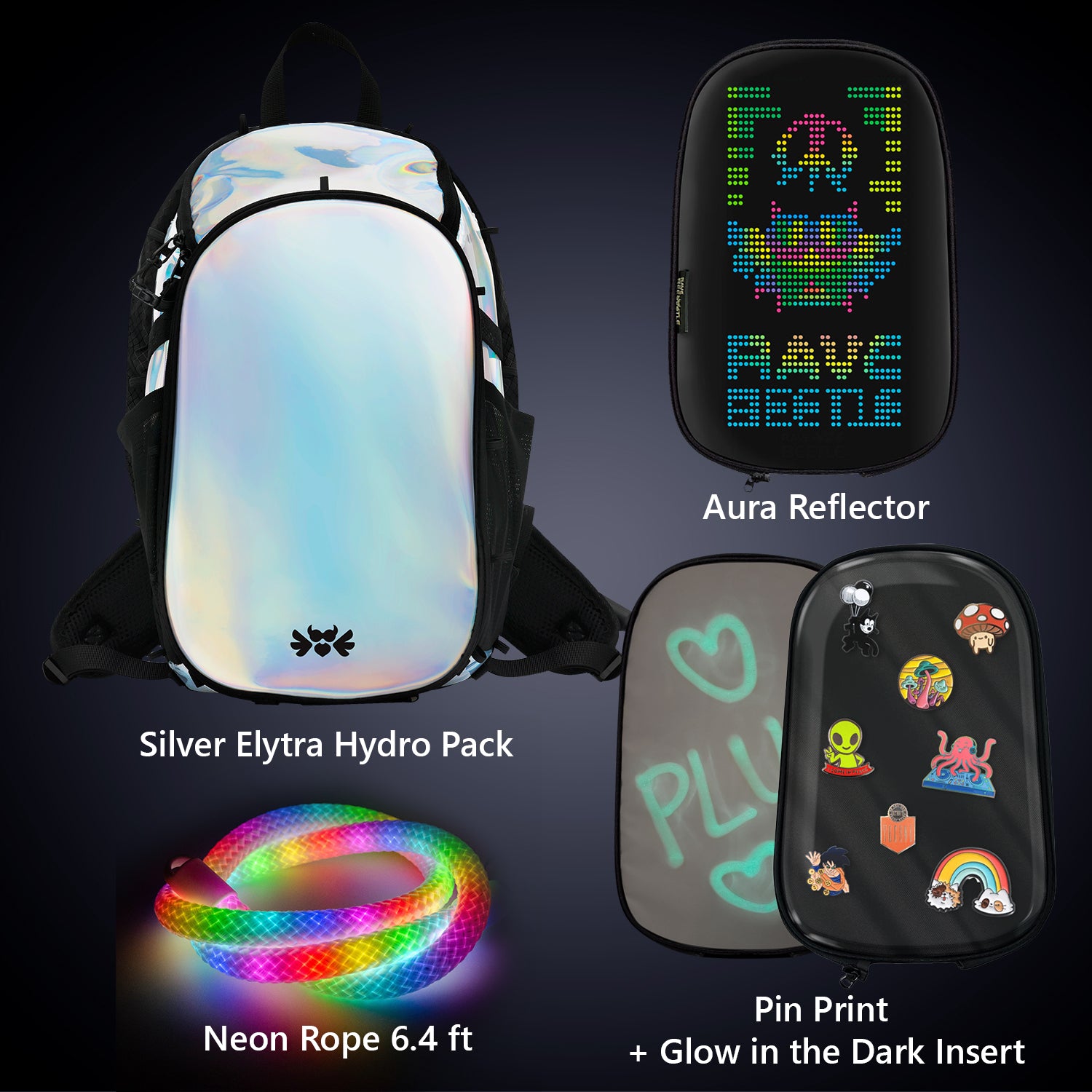 Elytra Aura Bundle – LED Screen, Pin Print, Glow in the Dark Insert &amp; Neon Rope 6.4ft Set