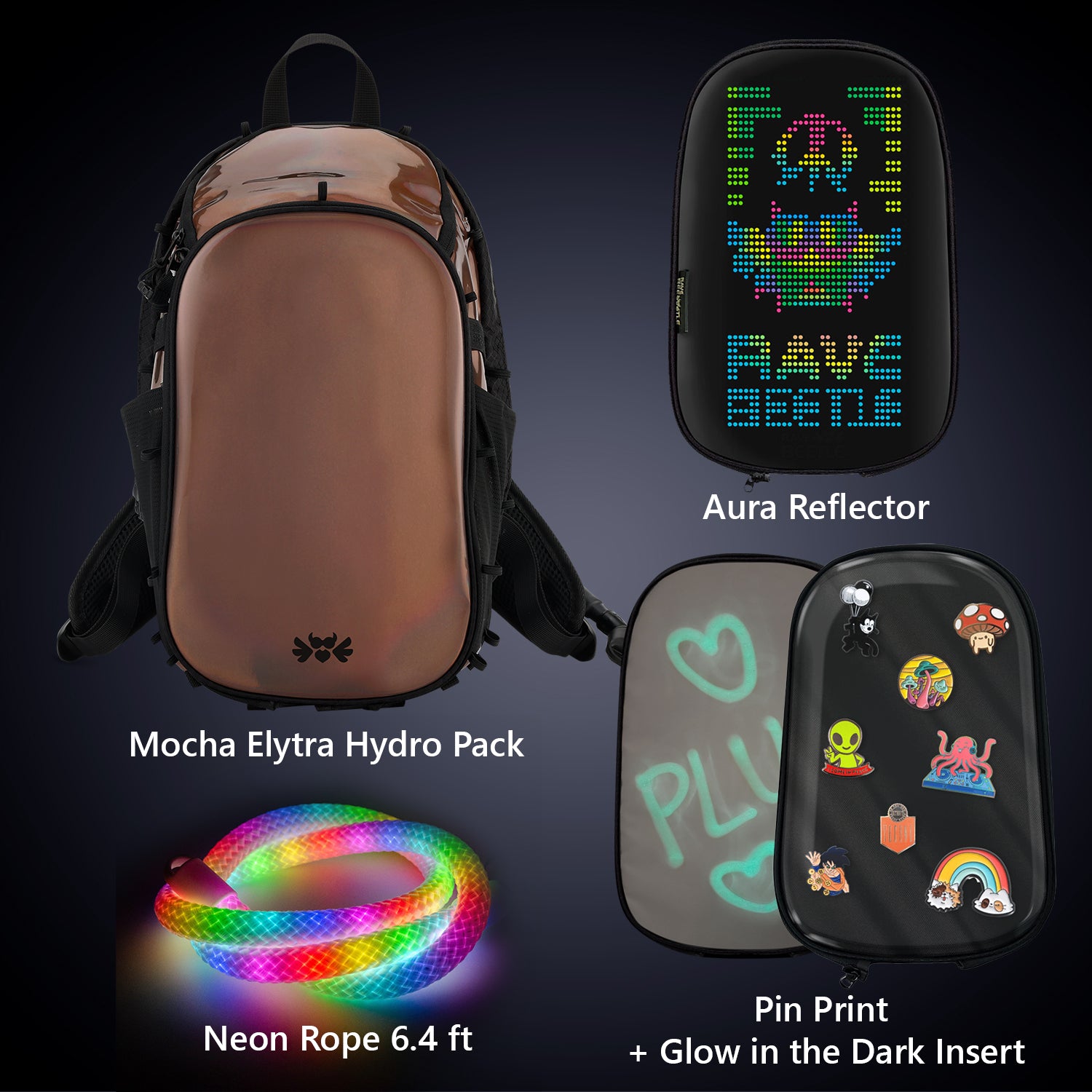 Elytra Aura Bundle – LED Screen, Pin Print, Glow in the Dark Insert &amp; Neon Rope 6.4ft Set