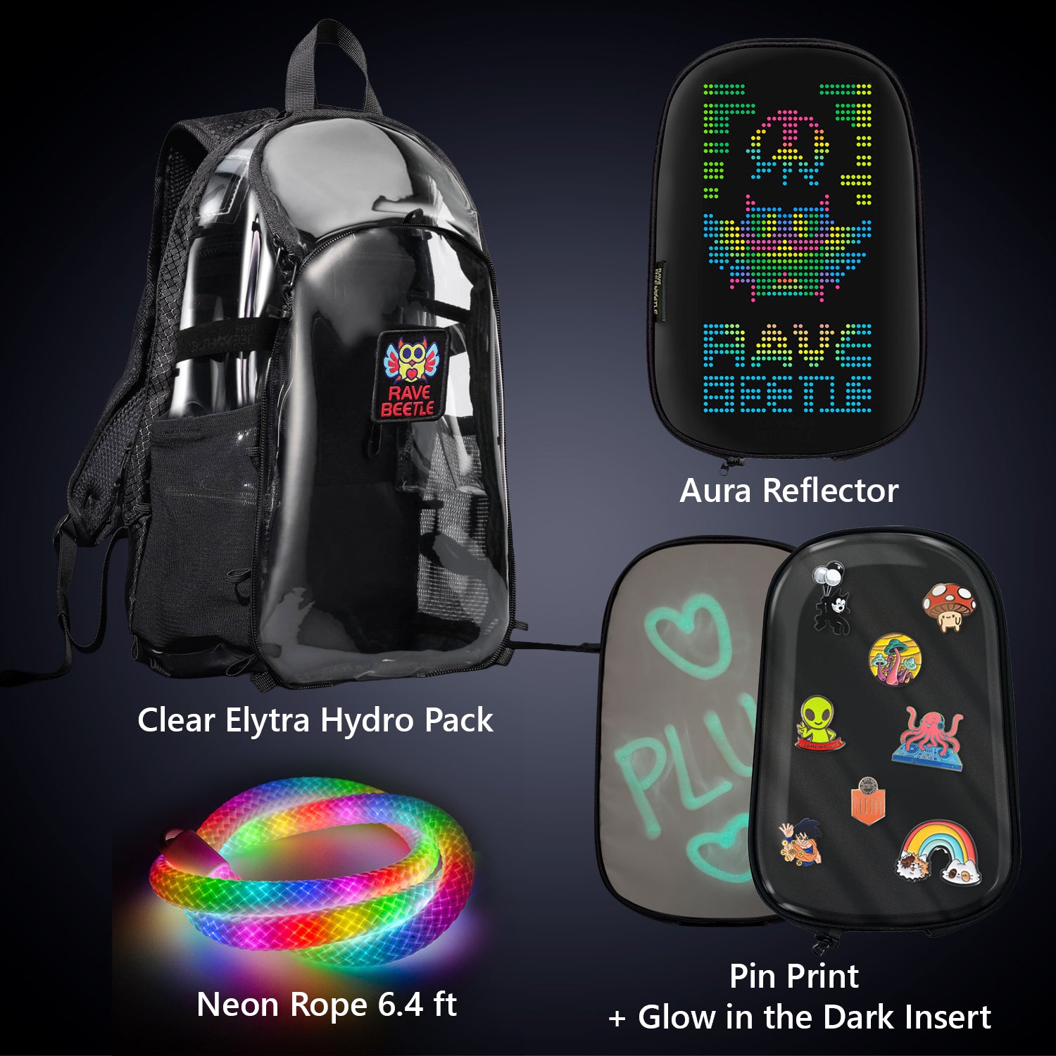 Elytra Aura Bundle – LED Screen, Pin Print, Glow in the Dark Insert &amp; Neon Rope 6.4ft Set