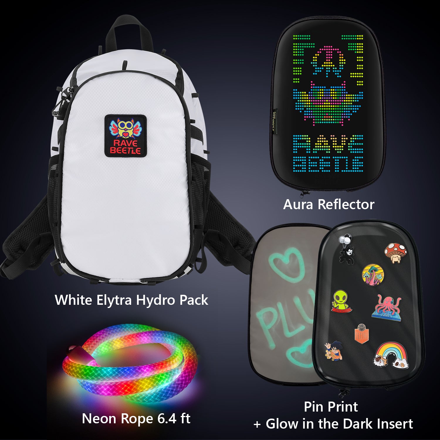 Elytra Aura Bundle – LED Screen, Pin Print, Glow in the Dark Insert &amp; Neon Rope 6.4ft Set
