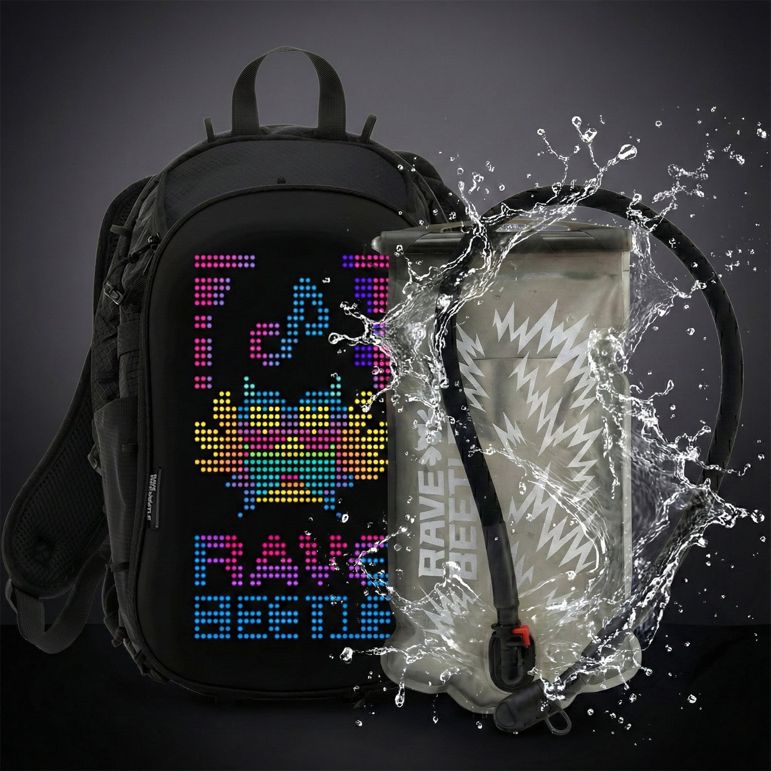 RaveBeetle Elytra LED Hydration Pack – Festival Backpack with Water Bladder (Black)
