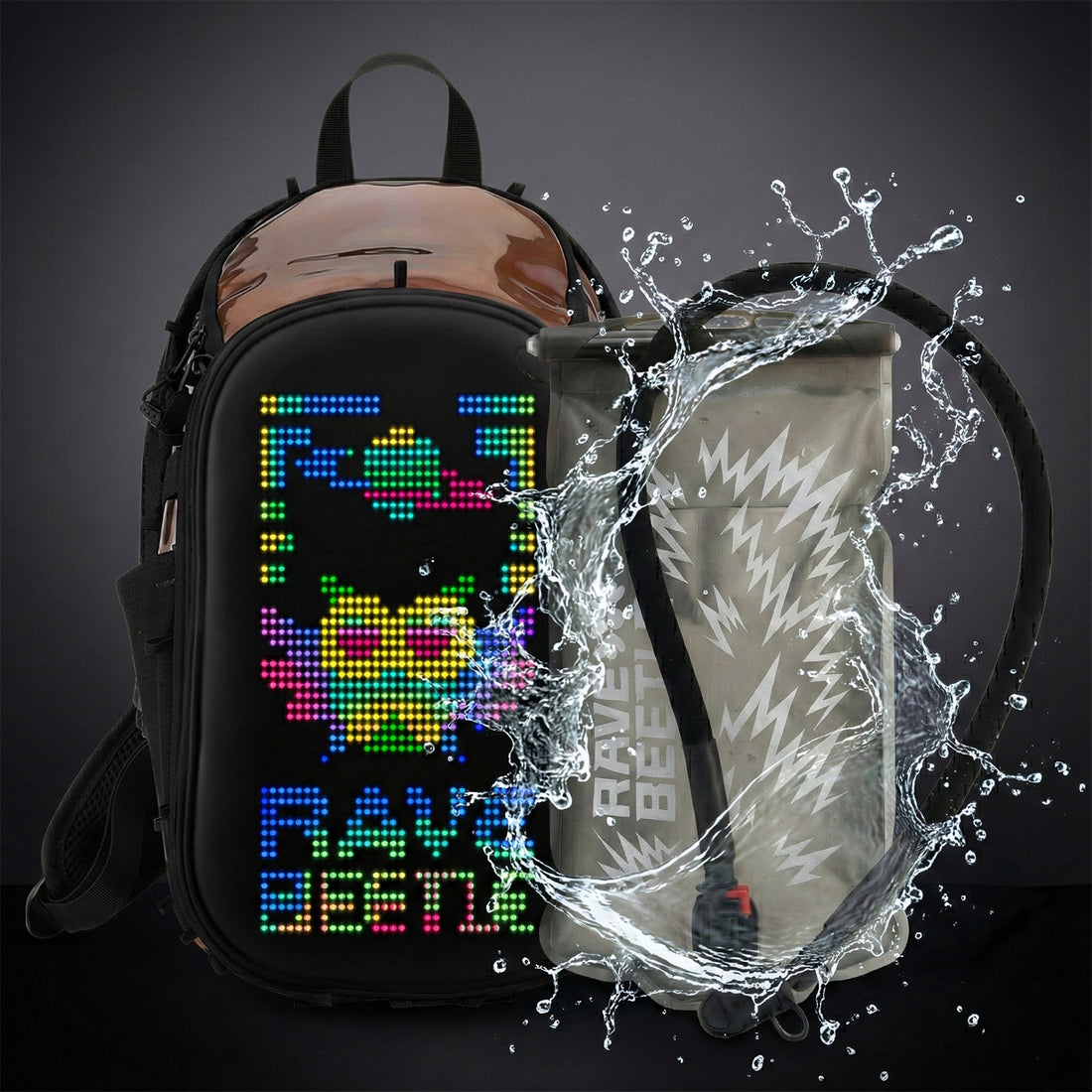RaveBeetle Elytra LED Hydration Pack – Festival Backpack with Water Bladder (Holographic Mocha)