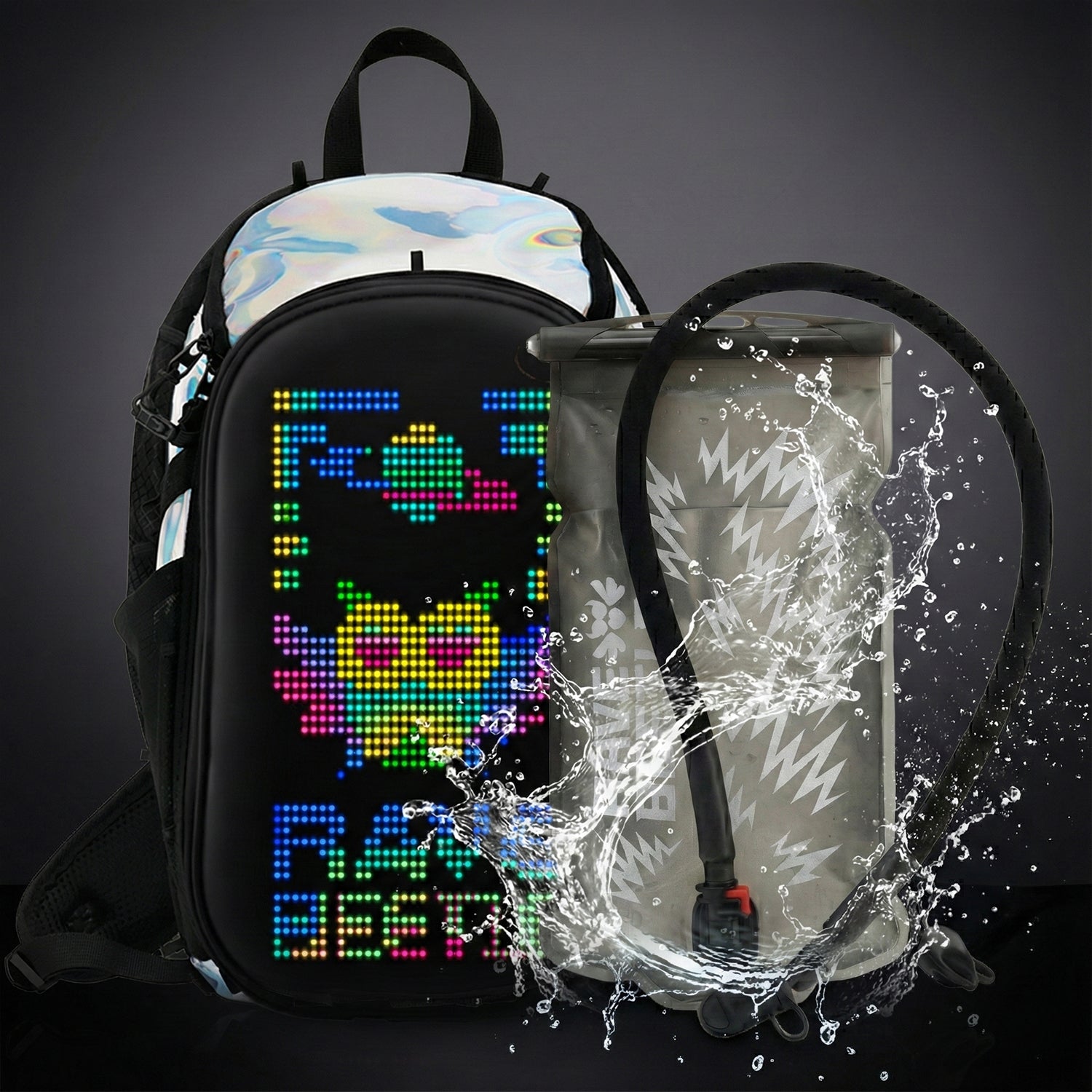 RaveBeetle Elytra LED Hydration Pack – Festival Backpack with Water Bladder (Holographic Silver)
