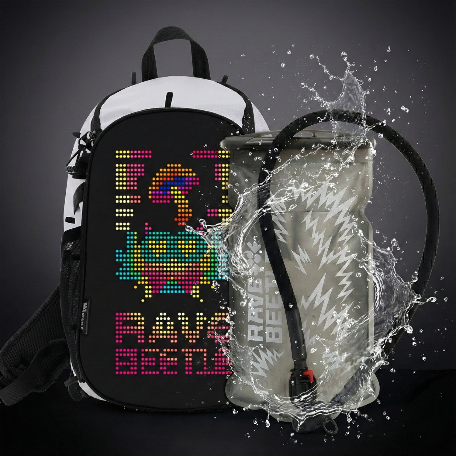RaveBeetle Elytra LED Hydration Pack – Festival Backpack with Water Bladder (White)