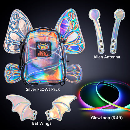 RAVEBEETLE Silver FLOWt Rave Pack Bundle Bat Wings Alien Antenna and Light Rope