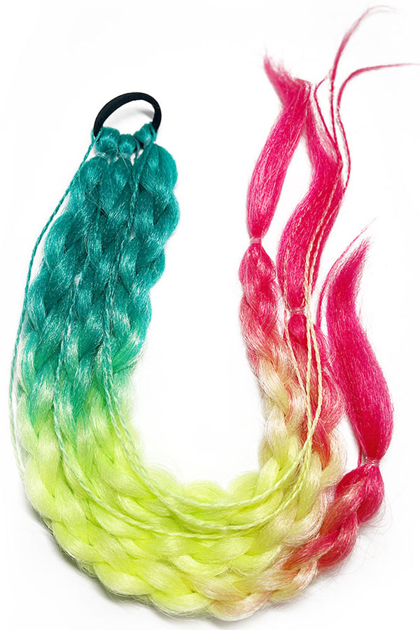 22" Green / Pink Hand Braided Hair Ponytail Extension
