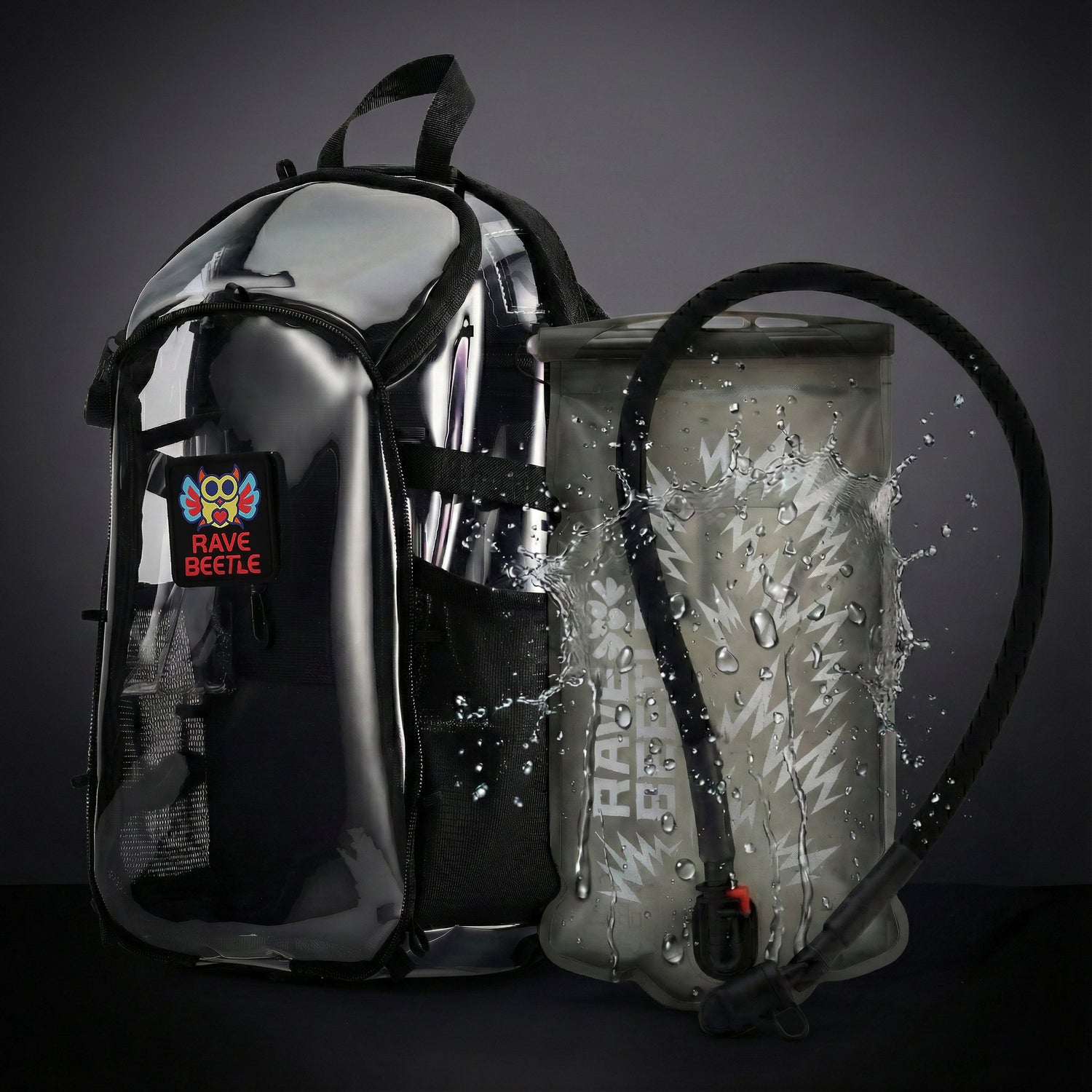 RaveBeetle Elytra Hydration Pack 2.0 – Festival Backpack with Water Bladder (Clear)