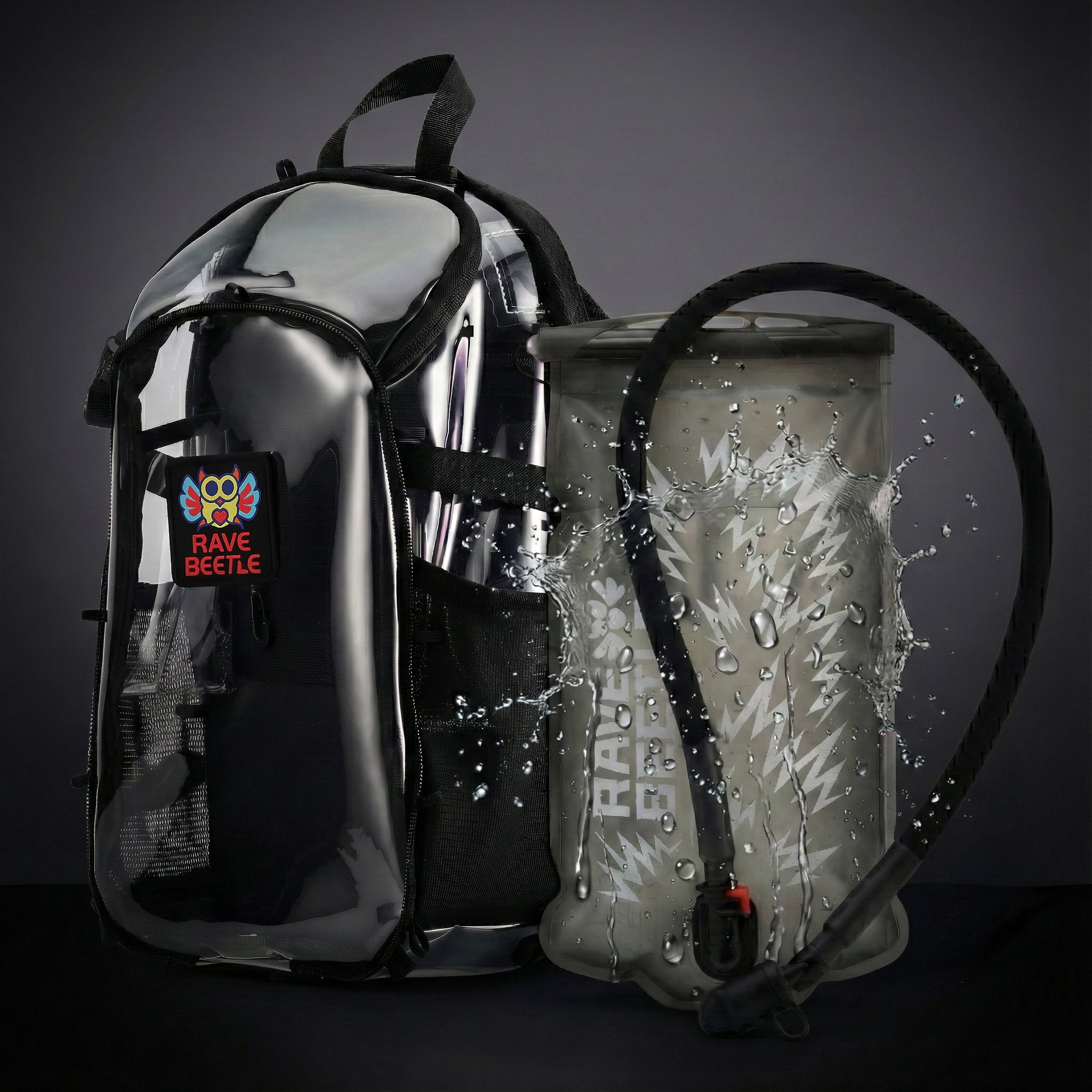 RaveBeetle Elytra Hydration Pack 2.0 – Festival Backpack with Water Bladder (Clear)