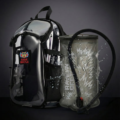 RaveBeetle Elytra Hydration Pack 2.0 – Festival Backpack with Water Bladder (Clear)