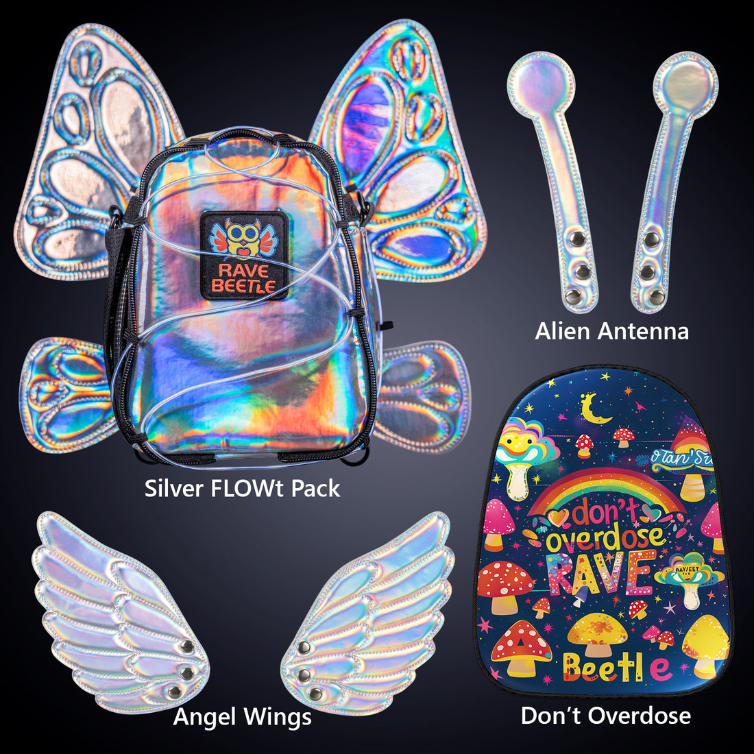 RaveBeetle FLOWt Festival Pack with Swappable Angel Wing Alien Antenna Do not over dose bundle Silver