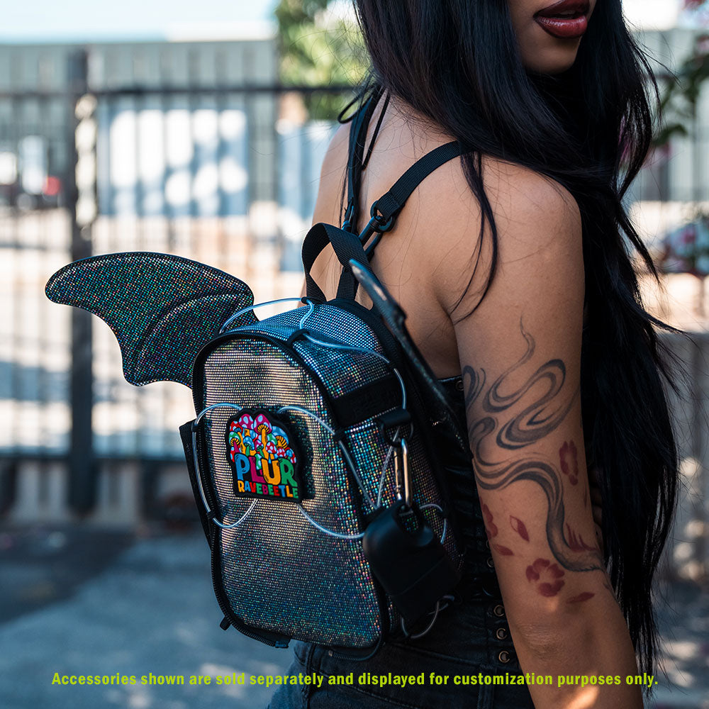 RaveBeetle FLOWt Hydration Festival Pack – Swappable Wing Rave Backpack with 8oz Soft Water Bottle &amp; Light Accessory (Disco)